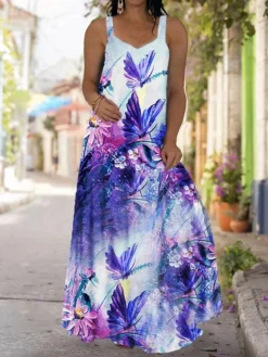 Women‘s Plus Size Curve Casual Dress Slip Dress Floral Butterfly Long Dress Maxi Dress Sleeveless Loose Print Strap Fashion Daily Black Light Green Spring Summer Dress -HANs Plus Size Style Shop fsnznj1675231138416