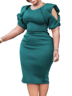 Women‘s Plus Size Curve Party Dress Solid Color V Neck Short Sleeve Spring Fall Work Formal Midi Dress Party Date Dress -HANs Plus Size Style Shop fsqzcx1661334433580