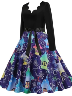 Women's Christmas Casual Dress Swing Dress Midi Dress Blue Purple Royal Blue Light Blue White Long Sleeve Santa Claus Elk Tree Bow Print Winter Fall V Neck Vacation Vintage 2022 S M L XL -HANs Plus Size Style Shop fsvqru1666927316260