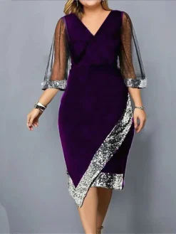 Women‘s Plus Size Curve Party Dress Sequin Dress Work Dress Plain Midi Dress Half Sleeve Mesh Patchwork V Neck Fashion Party Black Wine Summer Spring L XL XXL 3XL 4XL -HANs Plus Size Style Shop fsxhss1684754391609