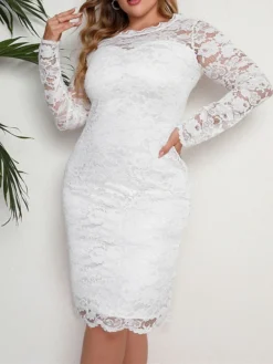 Women‘s Plus Size Curve Party Dress Lace Dress Sheath Dress Solid Color Midi Dress Long Sleeve Lace Crew Neck Modern Party White Summer Spring XL XXL 3XL 4XL 5XL -HANs Plus Size Style Shop ftiewh1678868081396
