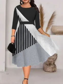 Women‘s Plus Size Curve Work Dress Swing Dress A Line Dress Fashion Midi Dress Print Crew Neck 3/4 Length Sleeve Floral Geometric Regular Fit Black White Green Summer Fall L XL XXL 3XL 4XL