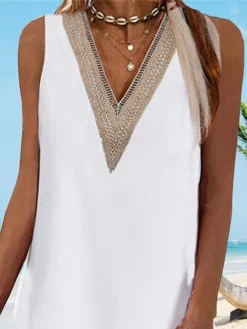 Women's Casual Dress Tank Dress Summer Dress Color Block Patchwork Lace Trim V Neck Mini Dress Fashion Modern Outdoor Daily Sleeveless Regular Fit White Yellow Blue Summer Spring S M L XL XXL -HANs Plus Size Style Shop ftmkos1676456308677