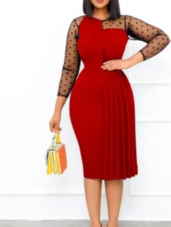 Women‘s Plus Size Curve Work Dress Solid Color Crew Neck Ruched Long Sleeve Winter Fall Elegant Knee Length Dress Formal Work Dress -HANs Plus Size Style Shop ftnhhb1651049441281