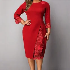 Women‘s Plus Size Curve Party Dress Solid Color Round Neck Lace 3 4 Length Sleeve Spring Fall Work Casual Prom Dress Knee Length Dress Casual Daily Dress -HANs Plus Size Style Shop ftnnxr1638524220708