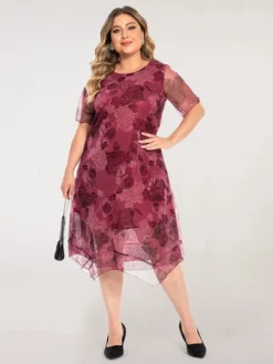Women's Plus Size Party Dress Cocktail Dress Wedding Guest Dress Midi Dress Wine Blue Short Sleeve Floral Mesh Summer Spring Fall Crew Neck Fashion Wedding Guest Vacation Summer Dress 2023 L XL XXL