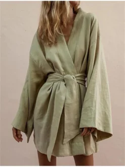 Women's Casual Dress Winter Dress Linen Dress Mini Dress White Green Long Sleeve Pure Color With Belt Summer Spring V Neck Fashion Vacation Fall Dress Spring Dress Loose Fit 2023 S M L XL 2XL -HANs Plus Size Style Shop ftrpcj1672133434604