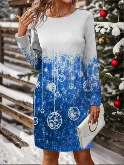 Women's Christmas Dress Casual Dress Mini Dress Active Fashion Outdoor Christmas Holiday Crew Neck Print Snowflake Deer Loose Fit Wine Red Blue S M L XL XXL -HANs Plus Size Style Shop ftxxqk1697106815941