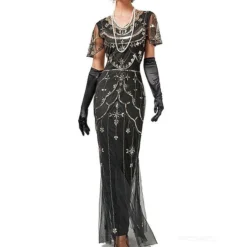 Women's Retro 1920s Sequin Dress Long Dress Maxi Dress Party Halloween Sequins Mesh Floral V Neck Short Sleeve Regular Fit Spring Fall 2023 Black Red XS S M L -HANs Plus Size Style Shop fudbid1692857597853