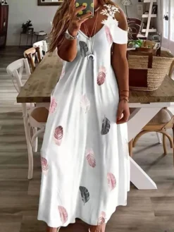 Women‘s Plus Size Curve Casual Dress A Line Dress Graphic Floral Long Dress Maxi Dress Short Sleeve Cut Out Print V Neck Fashion Daily White Red Spring Summer L XL XXL 3XL