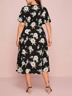 Women‘s Plus Size Curve Casual Dress A Line Dress Floral Dress Floral Midi Dress Short Sleeve Print V Neck Fashion Daily Black White Spring Summer L XL XXL 3XL -HANs Plus Size Style Shop fughfb1672800354768