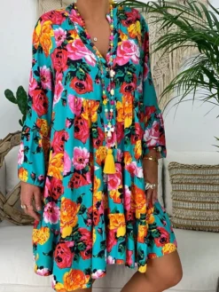 Women‘s Plus Size Curve Casual Dress Floral V Neck Print Long Sleeve Fall Spring Casual Short Mini Dress Daily Vacation Dress -HANs Plus Size Style Shop fuhgpw1660643936764