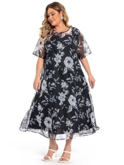 Women‘s Plus Size Curve Casual Dress Lace Dress Dress Set Floral Midi Dress 3/4 Length Sleeve Print Crew Neck Fashion Office Black Summer Spring L XL XXL 3XL 4XL -HANs Plus Size Style Shop fuimih1694770750875