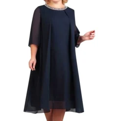 Women‘s Plus Size Curve Sequin Dress Solid Color Crew Neck Sequins 3/4 Length Sleeve Fall Spring Elegant Sequins Midi Dress Formal Party Dress