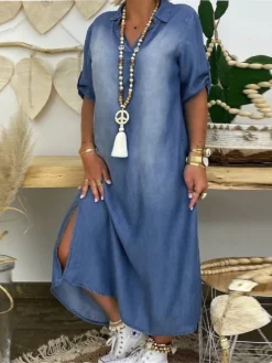 Women‘s Plus Size Curve Casual Dress Shirt Dress Shift Dress Solid Color Long Dress Maxi Dress 3/4 Length Sleeve Button Pocket Shirt Collar Basic Daily Blue Fall Spring L XL XXL 3XL