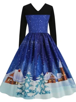 Women's Christmas Swing Dress Vintage DressKnee Length Dress Blue Royal Blue Light Blue Black Long Sleeve Santa Claus Elk Snowman Print Fall Winter Crew Neck Vacation Vintage 2022 S M L XL XXL 3XL -HANs Plus Size Style Shop fuoxrr1665293399531