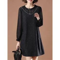 Women's Plus Size Curve Party Dress Cocktail Dress Sheath Dress Solid Color Midi Dress Long Sleeve Mesh Patchwork Crew Neck Fashion Party Black Fall Winter L XL XXL 3XL 4XL