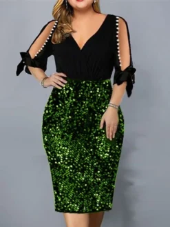 Women‘s Plus Size Curve Party Dress Solid Color V Neck Sequins Half Sleeve Spring Fall Stylish Sequins Prom Dress Midi Dress Party Club Dress Sheath Dress Sequin Dress -HANs Plus Size Style Shop fvdihn1656496081152