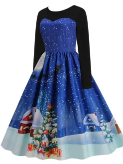 Women's Christmas Swing Dress Vintage DressKnee Length Dress Blue Royal Blue Light Blue Black Long Sleeve Santa Claus Elk Snowman Print Fall Winter Crew Neck Vacation Vintage 2022 S M L XL XXL 3XL -HANs Plus Size Style Shop fvpvqb1665293399234