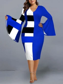 Women's Plus Size Curve Party Dress Cocktail Dress Work Dress Geometric Stripe Midi Dress Long Sleeve Print V Neck Fashion Party Black Red Fall Winter XL XXL 3XL 4XL 5XL -HANs Plus Size Style Shop fvrask1695712245725