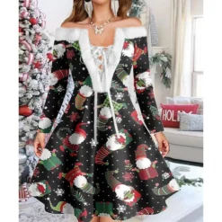 Women's Christmas Swing Dress Vintage Dress Mini Dress Green Light Green Wine Red Navy Blue White Long Sleeve Snowman Tree Snowflake Backless Feather Print Winter Fall Off Shoulder Vacation Stylish -HANs Plus Size Style Shop fvvcjw1667977595633