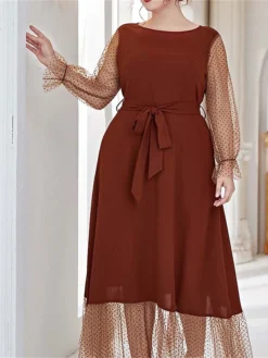 Women's Plus Size Prom Dress Party Dress Wedding Guest Dress Long Dress Maxi Dress Black Brown Long Sleeve Pure Color Lace Up Fall Winter Autumn Crew Neck Fashion Winter Dress Evening Party Wedding -HANs Plus Size Style Shop fvwqmn1693535308405