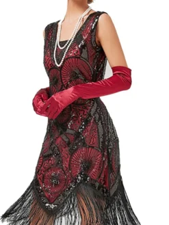 Women‘s Halloween Dress Retro Elegant Vintage Dress Midi Dress Party Sequins Tassel Fringe Geometric V Neck Sleeveless Regular Fit Summer Spring 2023 Black Red XS S M L -HANs Plus Size Style Shop fvyjlq1676625835718