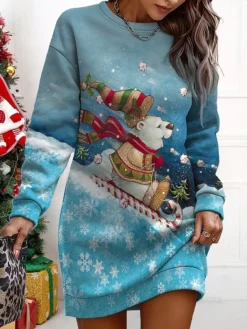 Women's Christmas Casual Dress Sweatshirt Dress Mini Dress Warm Fashion OutdoorVacation Crew Neck Print Snowman Loose Fit Black Yellow Blue S M L XL XXL -HANs Plus Size Style Shop fwjypv1695365426113