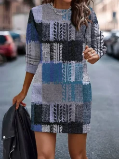 Women's Casual Dress Sweatshirt Dress Mini Dress Warm Fashion Outdoor Vacation Going Out Crew Neck Print Geometric Loose Fit Red Blue Green S M L XL XXL