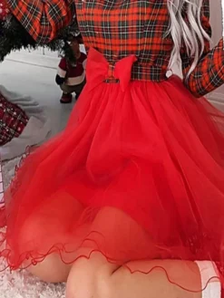 Women‘s Christmas Casual Dress Swing Dress Mini Dress Red Long Sleeve Plaid Mesh Winter Fall Autumn Crew Neck Modern Daily 2022 S M L XL -HANs Plus Size Style Shop fwrram1667542085744