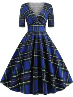 Women's Christmas Swing Dress Midi Dress Black Blue Red Short Sleeve Plaid Print Winter Fall Autumn V Neck 2022 S M L XL 2XL -HANs Plus Size Style Shop fxlklr1667979773118