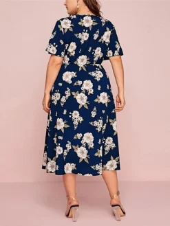 Women‘s Plus Size Curve Casual Dress A Line Dress Floral Dress Floral Midi Dress Short Sleeve Print V Neck Fashion Daily Black White Spring Summer L XL XXL 3XL -HANs Plus Size Style Shop fxrali1672800357459