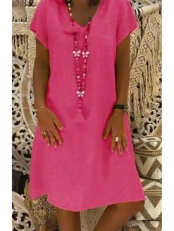 Women's Casual Dress T Shirt Dress Tee Dress Shift Dress Midi Dress Black Yellow Pink Short Sleeve Pure Color Patchwork Summer Spring V Neck Basic Vacation Summer Dress Spring Dress Loose Fit 2022 S -HANs Plus Size Style Shop fxuowe1607568629169