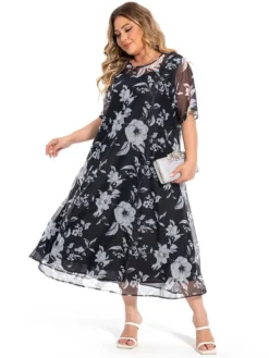 Women‘s Plus Size Curve Casual Dress Lace Dress Dress Set Floral Midi Dress 3/4 Length Sleeve Print Crew Neck Fashion Office Black Summer Spring L XL XXL 3XL 4XL -HANs Plus Size Style Shop fxxoug1694770751886