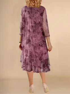 Women‘s Plus Size Curve Work Dress Swing Dress Semi Formal Dress Fashion Midi Dress Mesh Layered Crew Neck 3/4 Length Sleeve Floral Loose Fit Red Summer Spring L XL XXL 3XL 4XL -HANs Plus Size Style Shop fydciy1690868003783