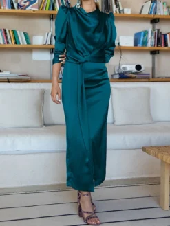 Women's Casual Dress Plain Dress Spring Dress Midi Dress Split Knot Front Work Street Daily Fashion Streetwear Crew Neck Long Sleeve 2023 Regular Fit Black Blue Green Color S M L XL Size -HANs Plus Size Style Shop fzizsh1692617875987