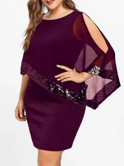 Women‘s Plus Size Curve Party Dress Solid Color Crew Neck Sequins Sleeveless Spring Fall Elegant Midi Dress Party Work Dress -HANs Plus Size Style Shop fzkhec1601191309536