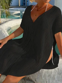 Women's Swimwear Cover Up Beach Dress Normal Swimsuit UV Protection Modest Swimwear Lace Up Knit Pure Color Black Dusty Blue Beige V Wire Bathing Suits New Vacationy / Modern -HANs Plus Size Style Shop fztjcj1641960065045
