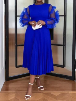 Women's Plus Size Curve Party Dress Formal Dress A Line Dress Plain Midi Dress Long Sleeve Pleated Ruffle Crew Neck Fashion Party Blue Fall Winter XL XXL 3XL 4XL -HANs Plus Size Style Shop fzusrm1694425977296