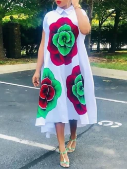 Women‘s Plus Size Curve Shirt Dress Casual Dress Shift Dress Floral Long Dress Maxi Dress Short Sleeve Plus High Low Print Shirt Collar Fashion Outdoor White Summer Spring L XL XXL 3XL