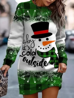 Women‘s Christmas Casual Dress Sweatshirt Dress Mini Dress Warm Fashion Outdoor Holiday Crew Neck Print Snowman Hat Loose Fit Black Burgundy Green S M L XL XXL -HANs Plus Size Style Shop fzyddg1694157734731