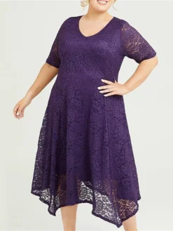 Women's Plus Size Curve Party Dress Lace Dress Cocktail Dress Midi Dress Blue Purple Half Sleeve Pure Color Lace Summer Spring Fall V Neck Fashion Birthday Wedding Guest Vacation 2023 XL XXL 3XL
