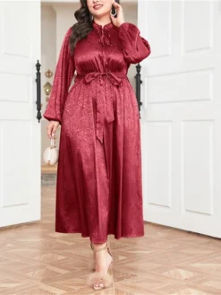Women's Plus Size Prom Dress Party Dress Wedding Guest Dress Long Dress Maxi Dress Wine Long Sleeve Pure Color Lace Up Fall Winter Autumn Crew Neck Fashion Winter Dress Wedding Guest Evening Party