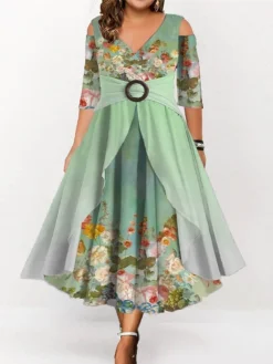 Women‘s Plus Size Curve Casual Dress A Line Dress Vintage Dress Floral Long Dress Maxi Dress Summer Dress Spring Half Sleeve Ruffle Print V Neck Elegant Outdoor Green Fashion 2023