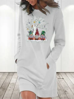 Women‘s Christmas Hoodie Dress Winter Dress Light Blue Grey White Long Sleeve Santa Claus Pocket Print Winter Fall Crew Neck Stylish Casual 2022 S M L XL 2XL / Cotton -HANs Plus Size Style Shop garddy1666676387277