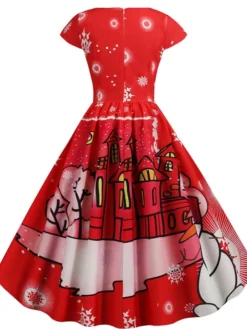 Women's Christmas Knee Length Dress Blue Dusty Blue Royal Blue Black Red Navy Blue Dark Blue Light Blue Short Sleeve Print Print Fall Winter V Neck Casual Vintage2021 S M L XL XXL 3XL -HANs Plus Size Style Shop gbdrny1629970327447