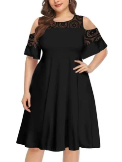 Women‘s Plus Size Curve Casual Dress Solid Color Crew Neck Lace Half Sleeve Fall Spring Casual Knee Length Dress Casual Daily Dress -HANs Plus Size Style Shop gbxcgc1656060137212