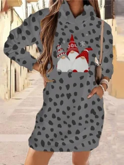Women‘s Christmas Hoodie Dress Winter DressShort Mini Dress Green Khaki Gray Long Sleeve Leopard Santa Claus Pocket Print Fall Winter Hooded Vacation Casual 2022 S M L XL XXL 3XL