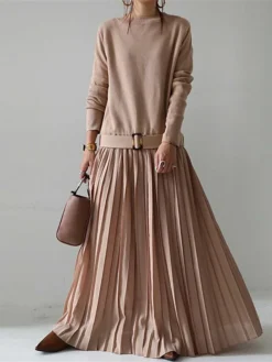 Women's Casual Dress Chiffon Dress Swing Dress Long Dress Maxi Dress Pleated Patchwork Outdoor Daily Vacation Fashion Streetwear Crew Neck Long Sleeve 2023 Loose Fit Black Pink Green Color One-Size -HANs Plus Size Style Shop gdvvdj1696434274124
