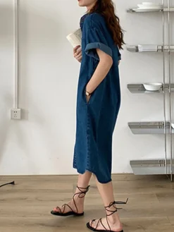 Women's Shift Dress Denim Shirt Dress Midi Dress Denim Fashion Casual Outdoor Daily Vacation Shirt Collar Button Pocket Short Sleeve Summer Spring Fall 2023 Loose Fit Blue Plain S M L XL -HANs Plus Size Style Shop gebpcx1677036643788